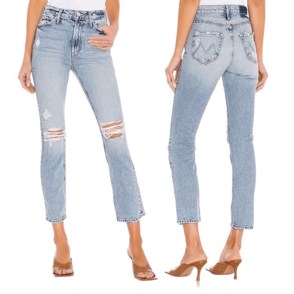 Mother Superior The Dazzler Ankle Lost It Light Wash Distressed Jeans Size 24